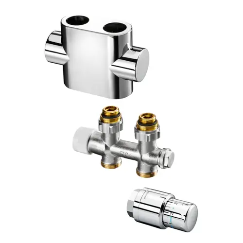 Set bestehend aus einem Oventrop Multiblock T, einem Hahnblock, einer Designabdeckung und einem Thermostat für Heizkörperanschlüsse in Edelstahloptik.